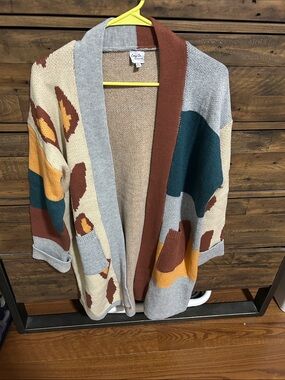 Cozy Casual Multi-Colorblock Leopard Open-Front Cardigan. Chunky Knit. Med/large